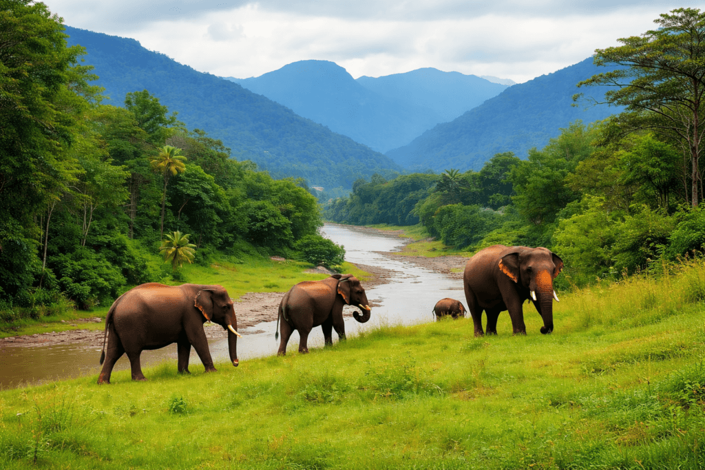 Elephants grazing by a river