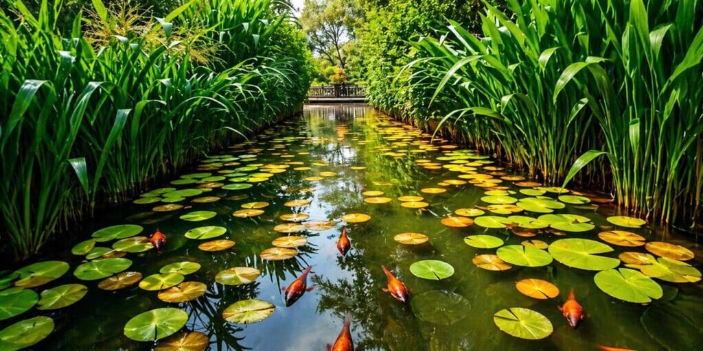 Tranquil garden waterway with koi fish