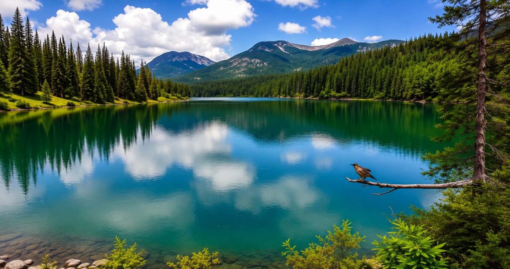 Mountain lake with bird on branch