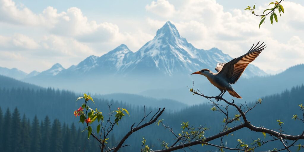 Serene alpine morning with perched bird