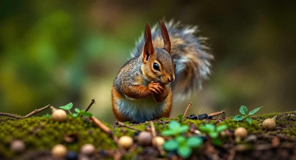 Squirrel amidst moss and greenery