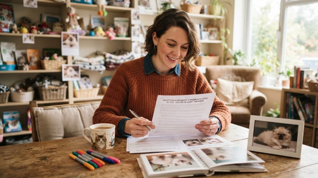 Adopter reviewing cinnamon Ragdoll papers before a planned pickup Adopter reviewing cinnamon Ragdoll papers before a planned pickup