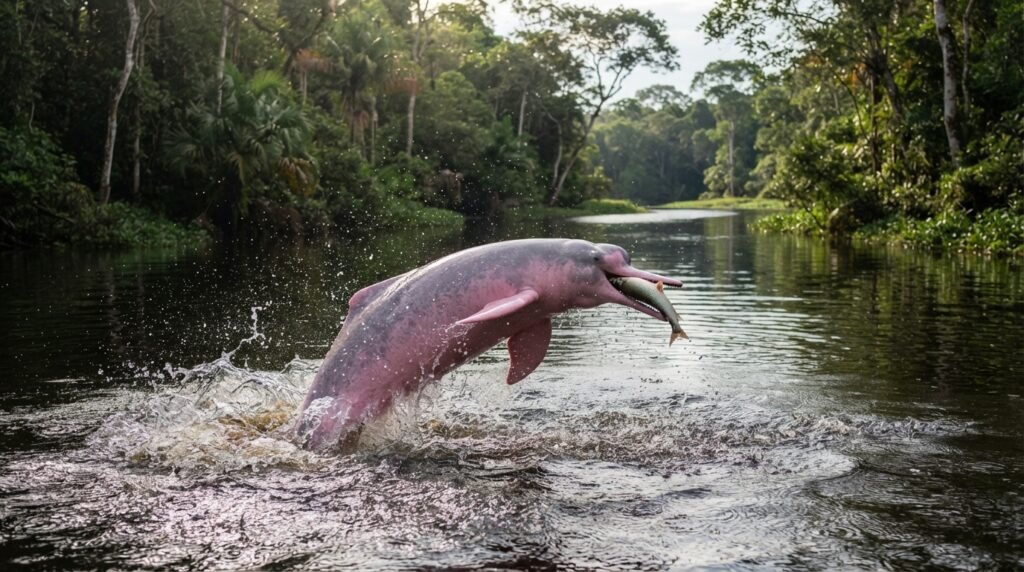Amazon river dolphin hunting fish in a river channel Amazon river dolphin hunting fish in a river channel