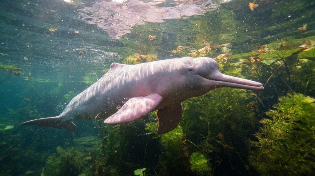 Amazon river dolphin showing its long snout and broad fins Amazon river dolphin showing its long snout and broad fins