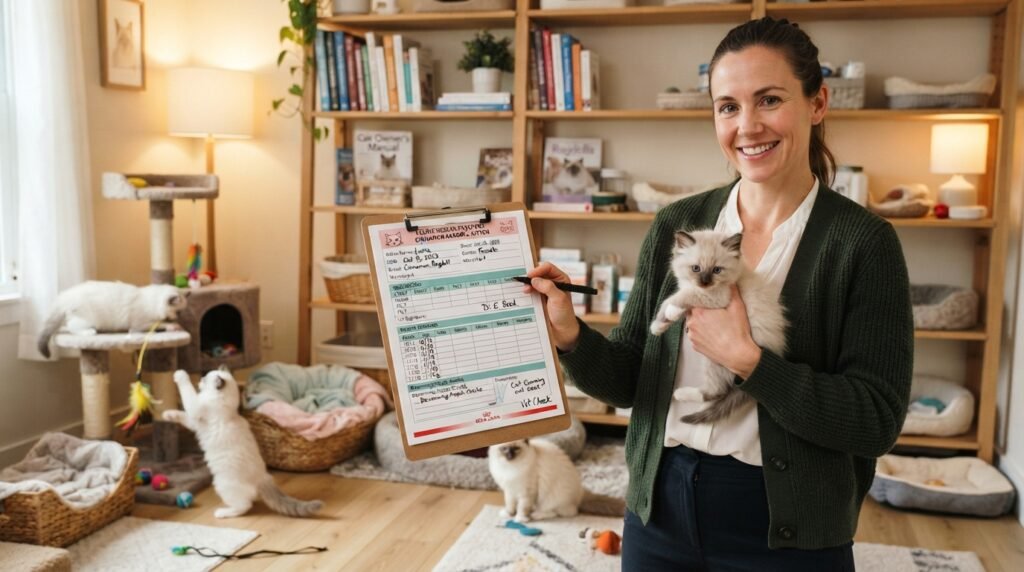 Breeder showing kitten health records and a home rearing area Breeder showing kitten health records and a home rearing area