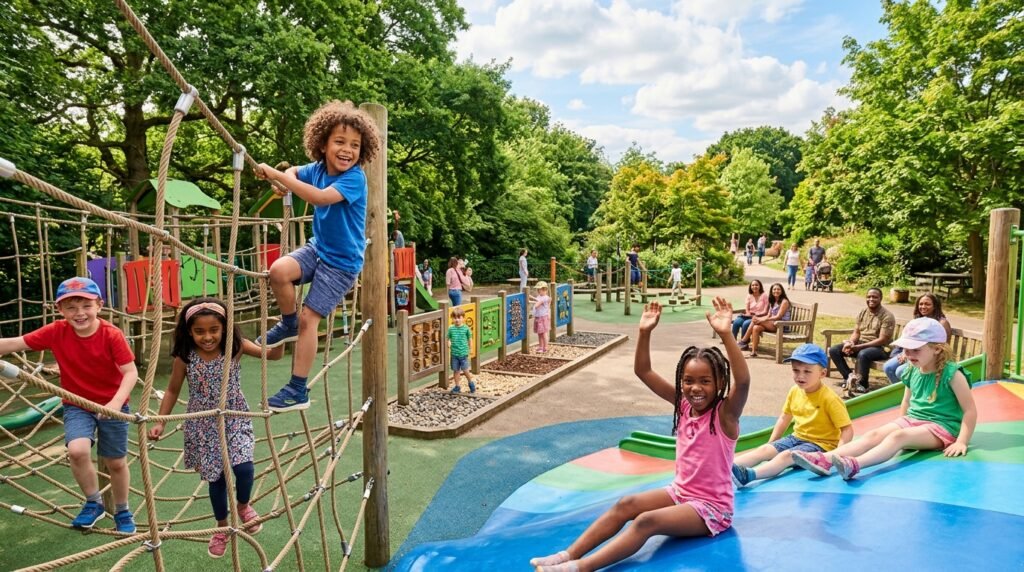 Children playing at an accessible adventure area in the park