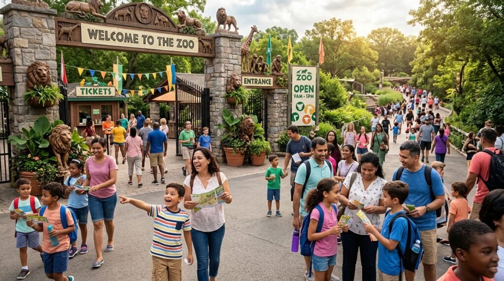 Guests arriving at the zoo entrance soon after opening