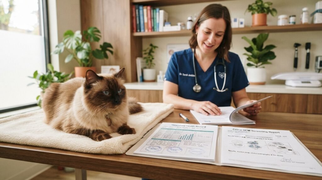 HCM test report beside a cinnamon Ragdoll's health records HCM test report beside a cinnamon Ragdoll's health records