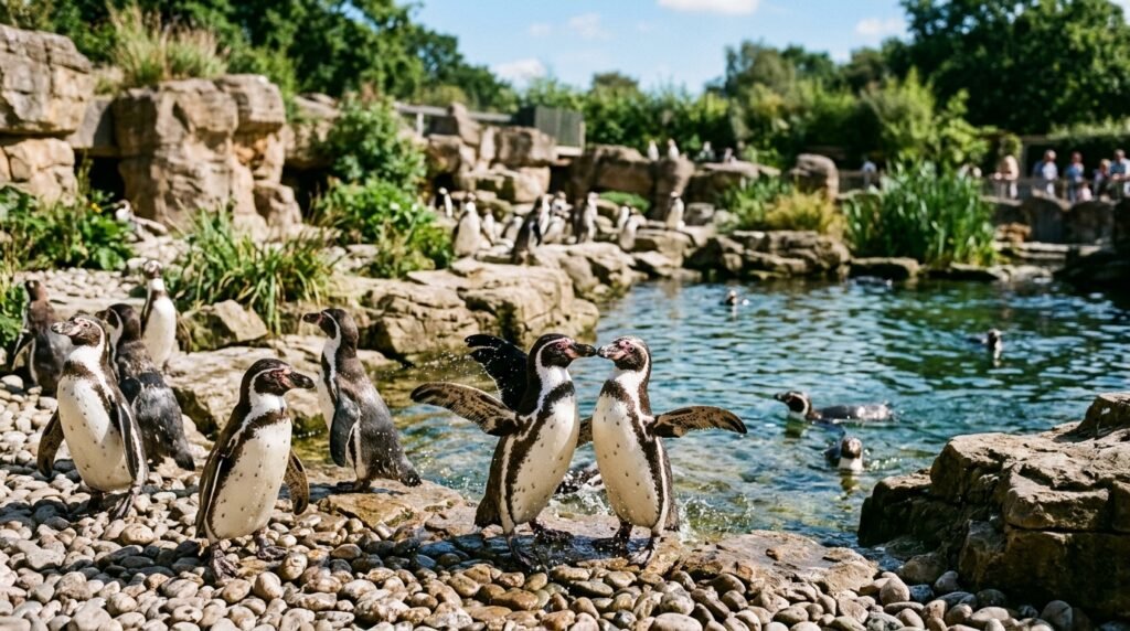 Humboldt penguins near their habitat at Marwell Zoo