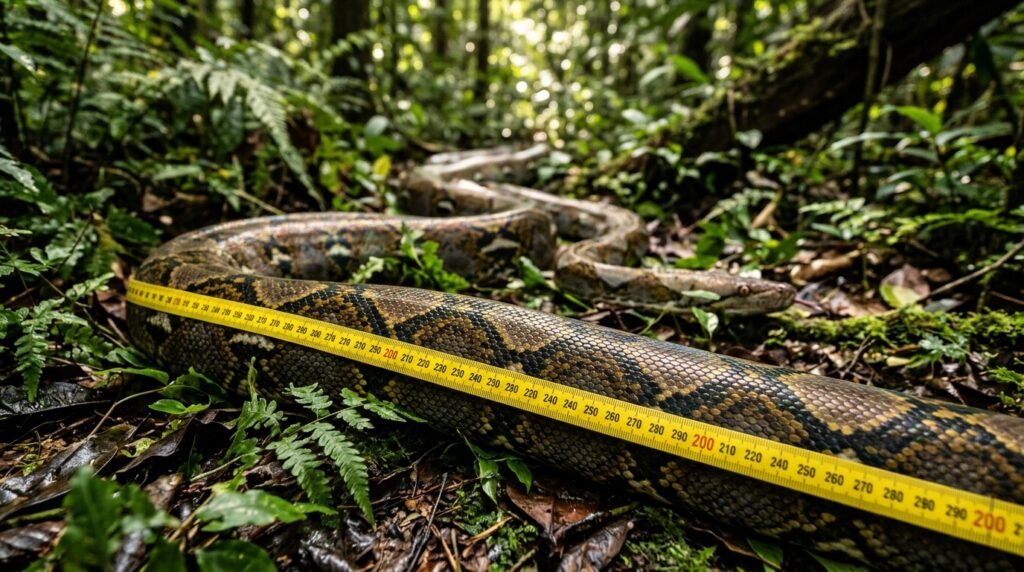 Measuring tape following a giant snake's curved body