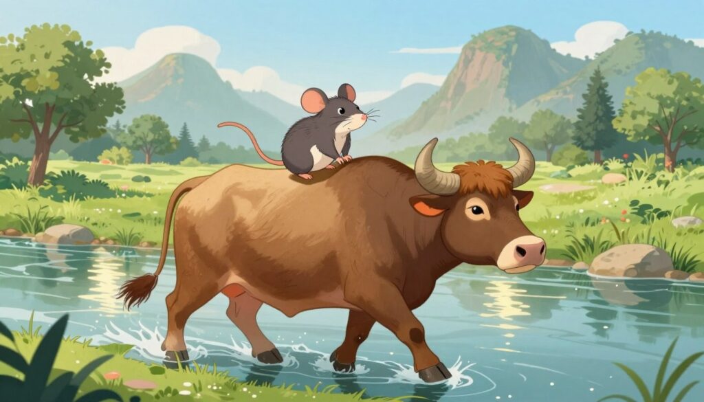 Rat and Ox crossing a river in a Chinese zodiac story