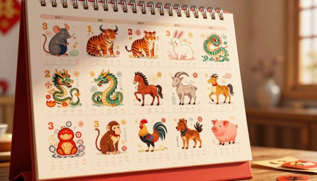 Recent Chinese zodiac years shown on a wall calendar