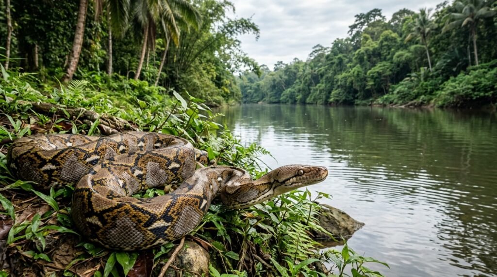 Reticulated python resting beside a Southeast Asian river