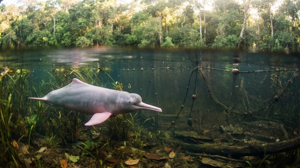 River dolphin habitat beside a fishing net in the Amazon River dolphin habitat beside a fishing net in the Amazon